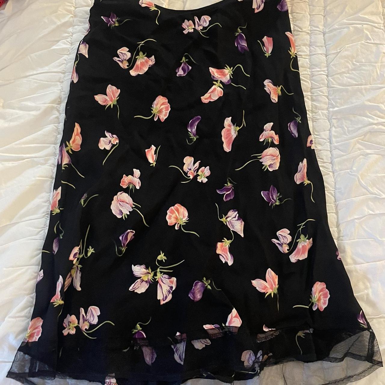 Betsey Johnson floral black and pink silky midi... - Depop