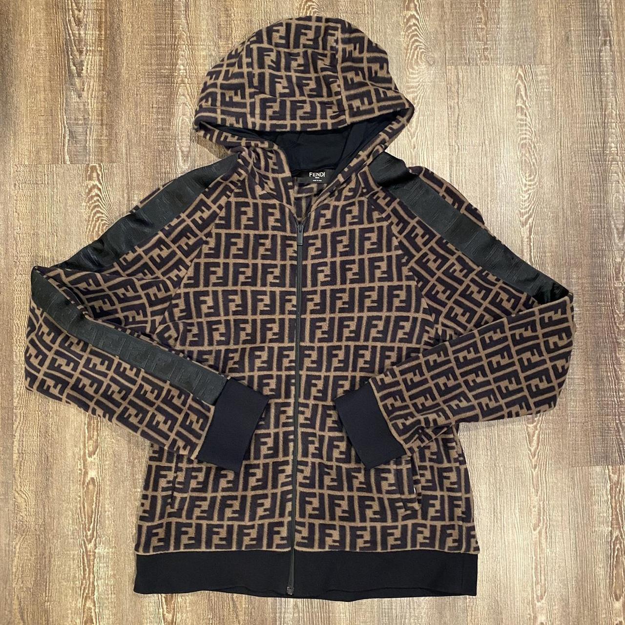 FENDI BROWN MONOGRAM ALL OVER ZIP UP FLEECE HOODIE