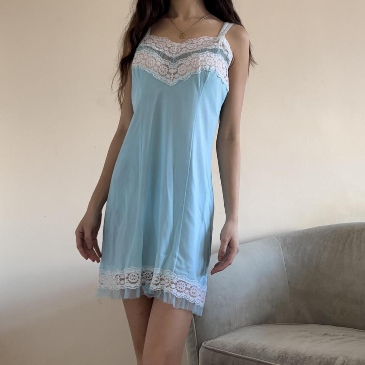 Vintage coquette blue and white lace sheer satin... - Depop