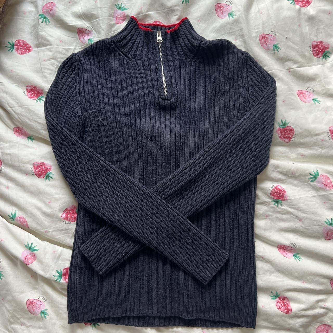 Gap navy blue zip sweater with red collar trim size... Depop