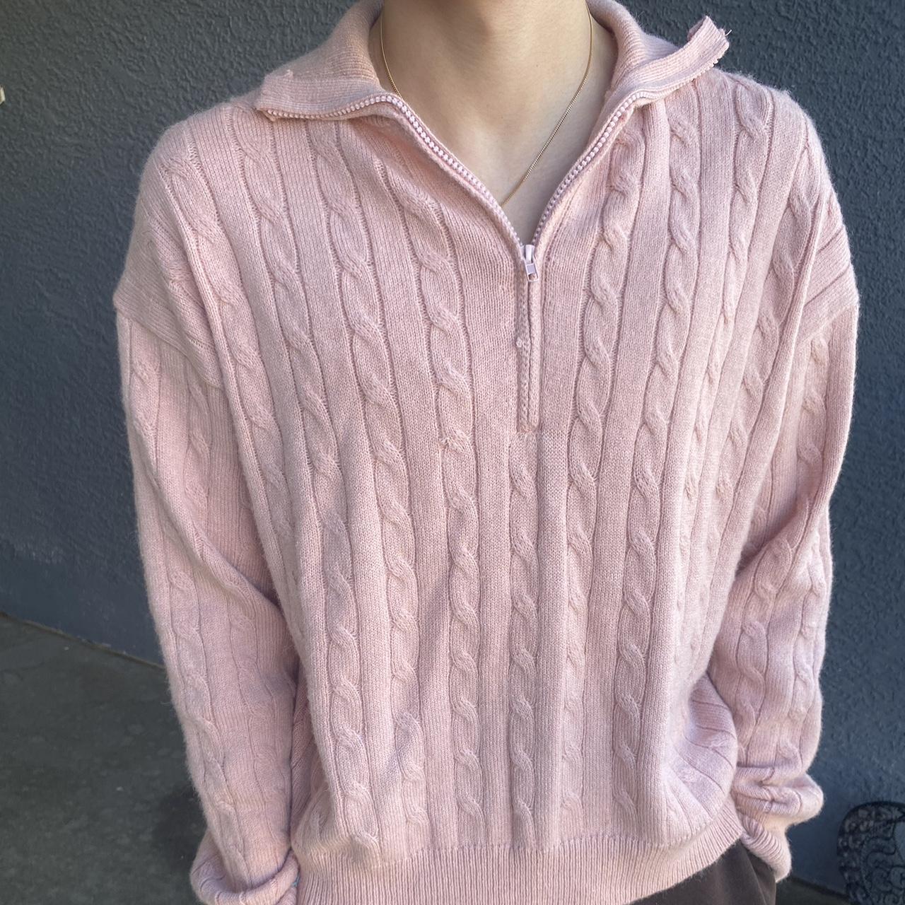 half zip pink knit sweater super cozy and comfy for... - Depop