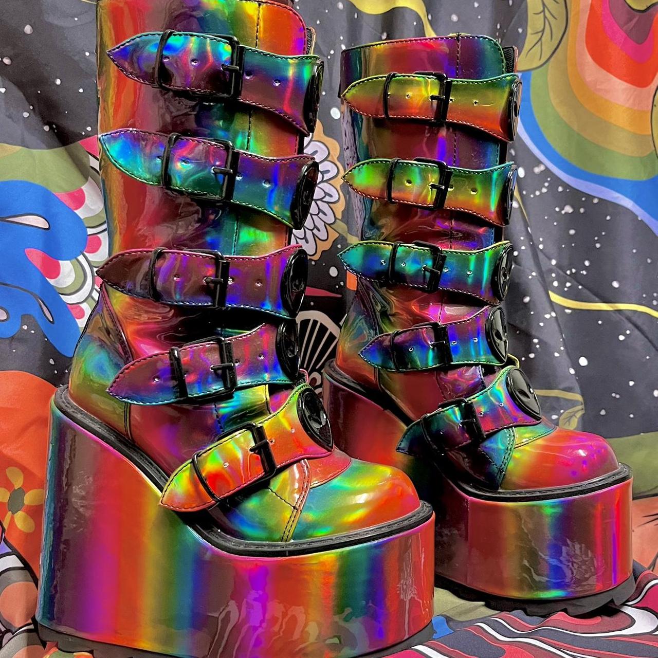 YRU Rainbow Alien Creeper Rave Boots 🌈 6” heel 2... - Depop
