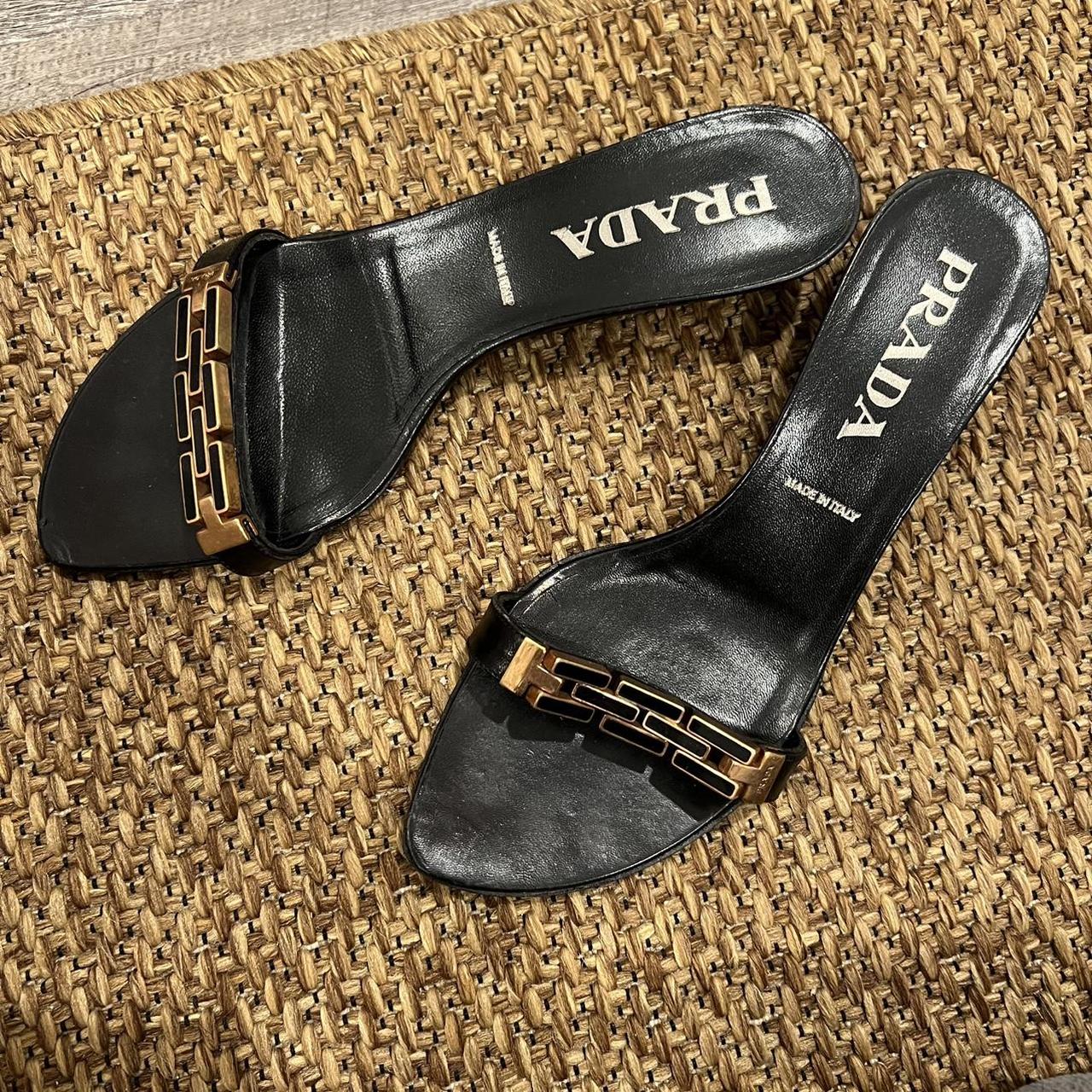 Vintage prada kitten heel mules with gold enamel... - Depop