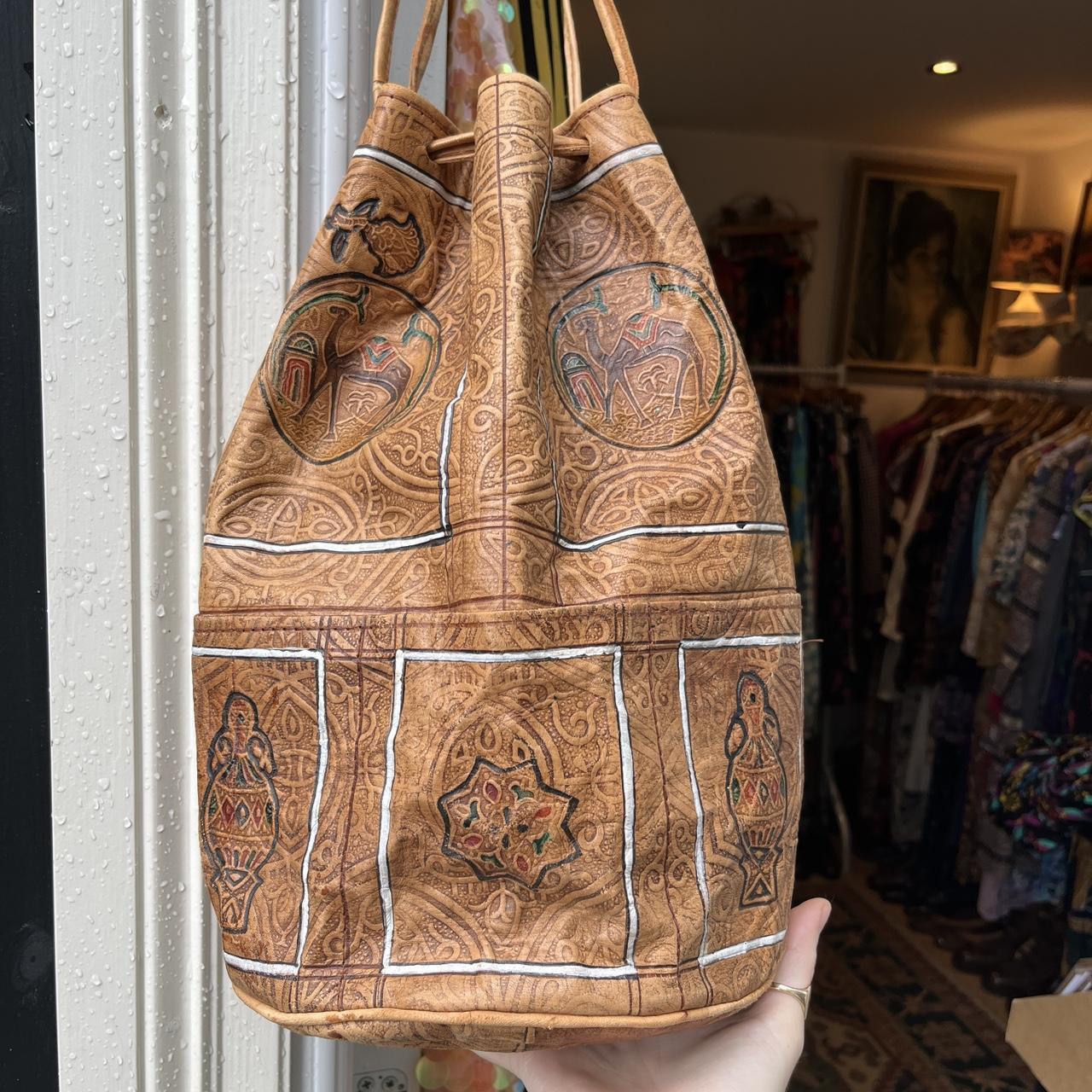 Soft Moroccan embossed leather draw string bag. Boho... - Depop