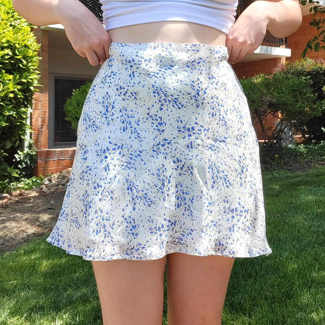 flirty coquette white mini skirt with blue florals... - Depop