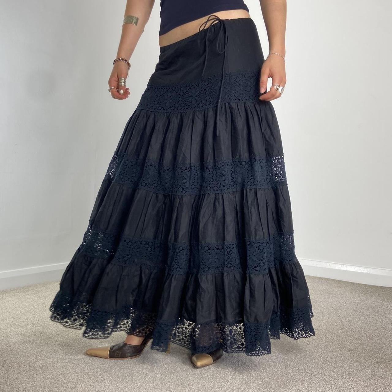 Vintage tiered lace black maxi skirt! Italian... | Depop