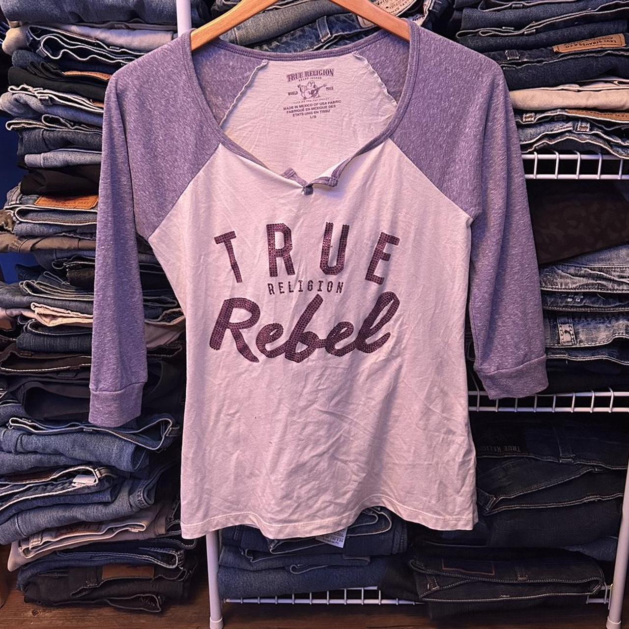white and purple true religion shirt