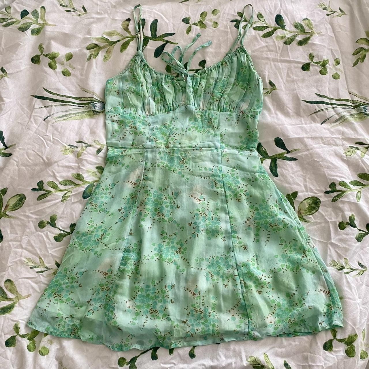 Urban Outfitters green floral mini dress with mesh... - Depop