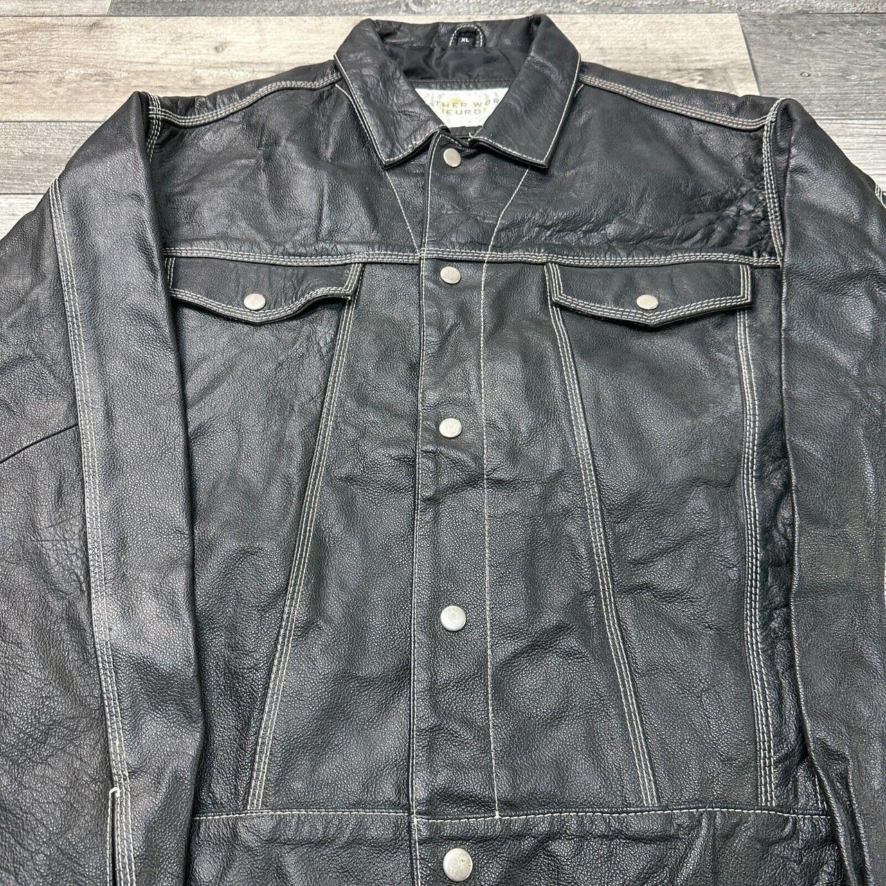 Vintage Leather Jacket Denim Style Retro Y2K Black... - Depop