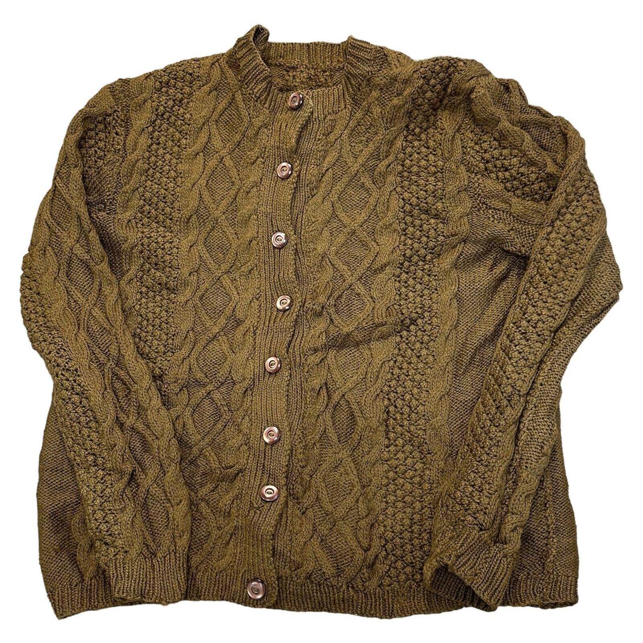 Vintage Aran Knit Cardigan Cable Chunky Wool Khaki... - Depop
