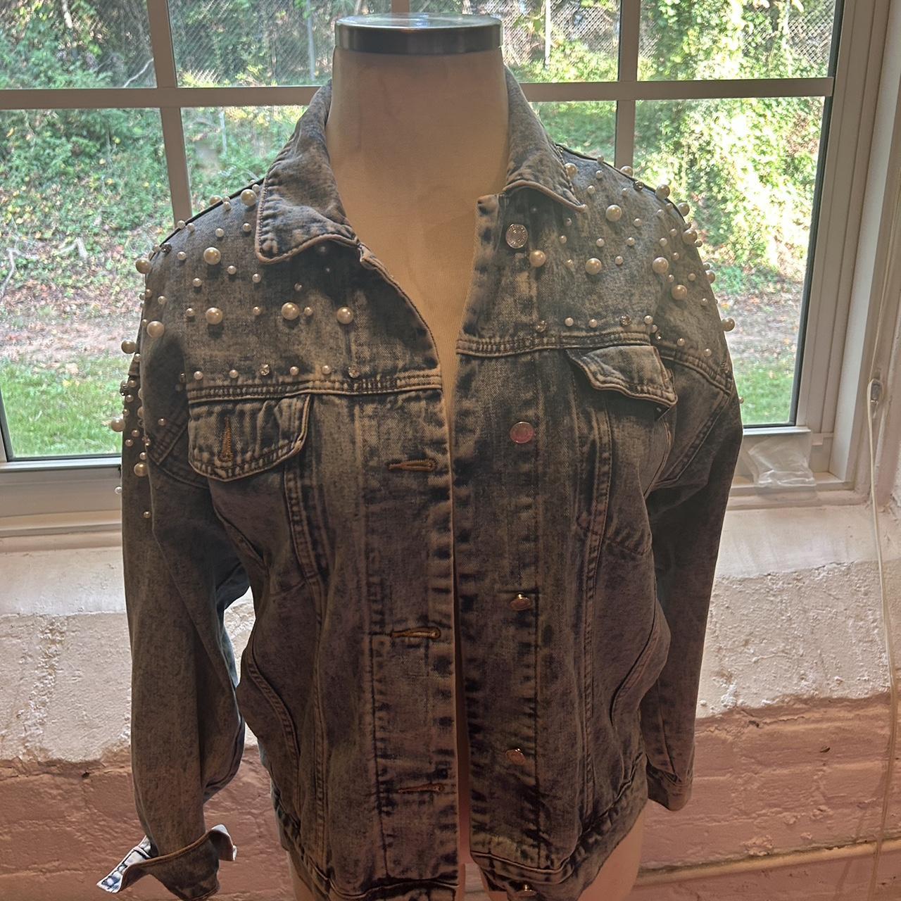 Forever 21 distressed denim jacket with pearl