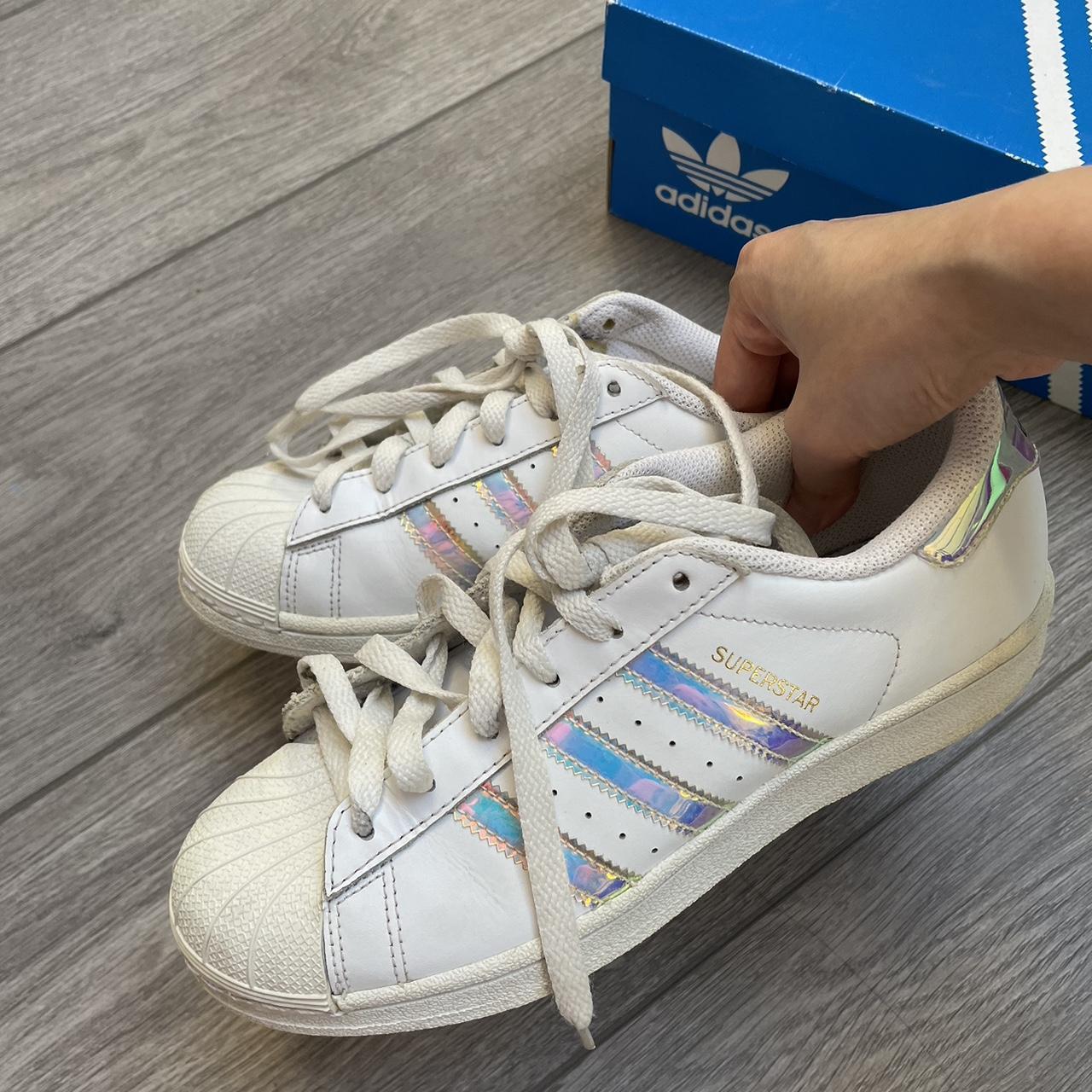 Adidas superstars with holographic stripes in very. Depop