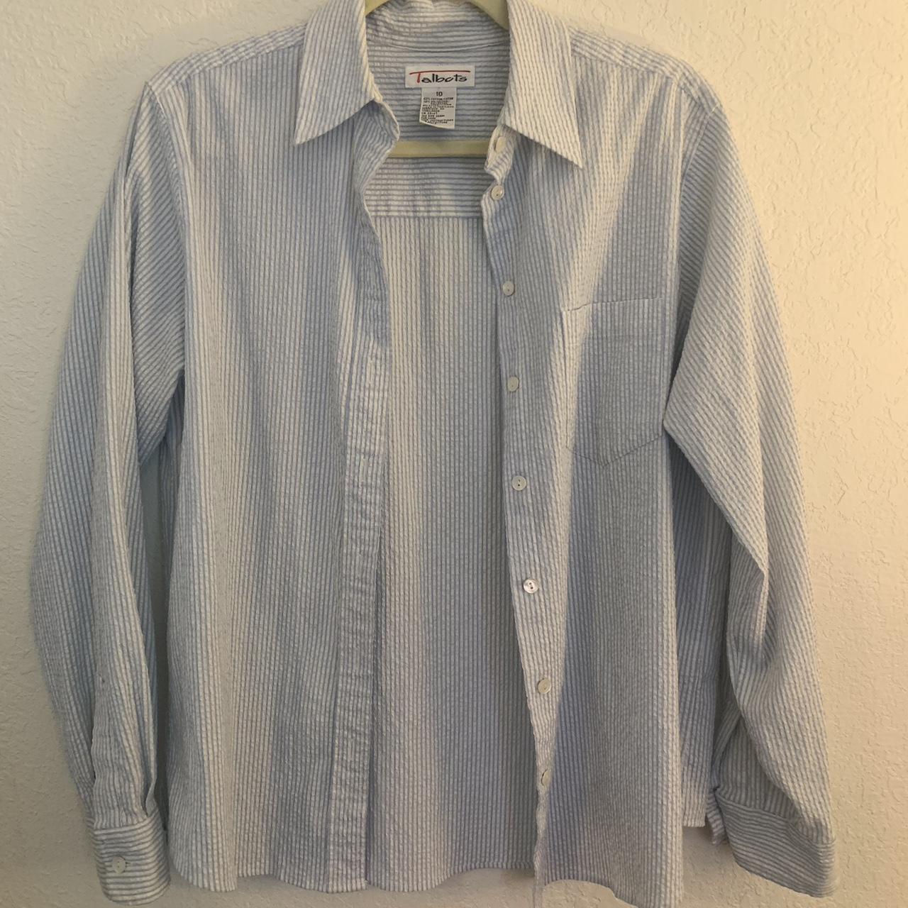 White and Blue Striped Button Up Shirt Lightweight,... Depop