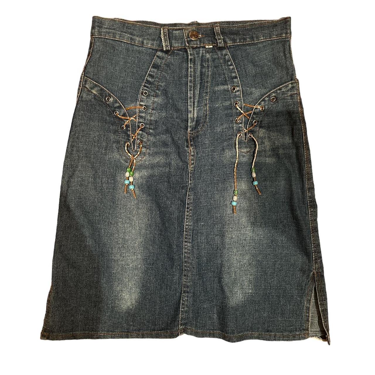 Vintage denim midi skirt with bead tie detailing on...