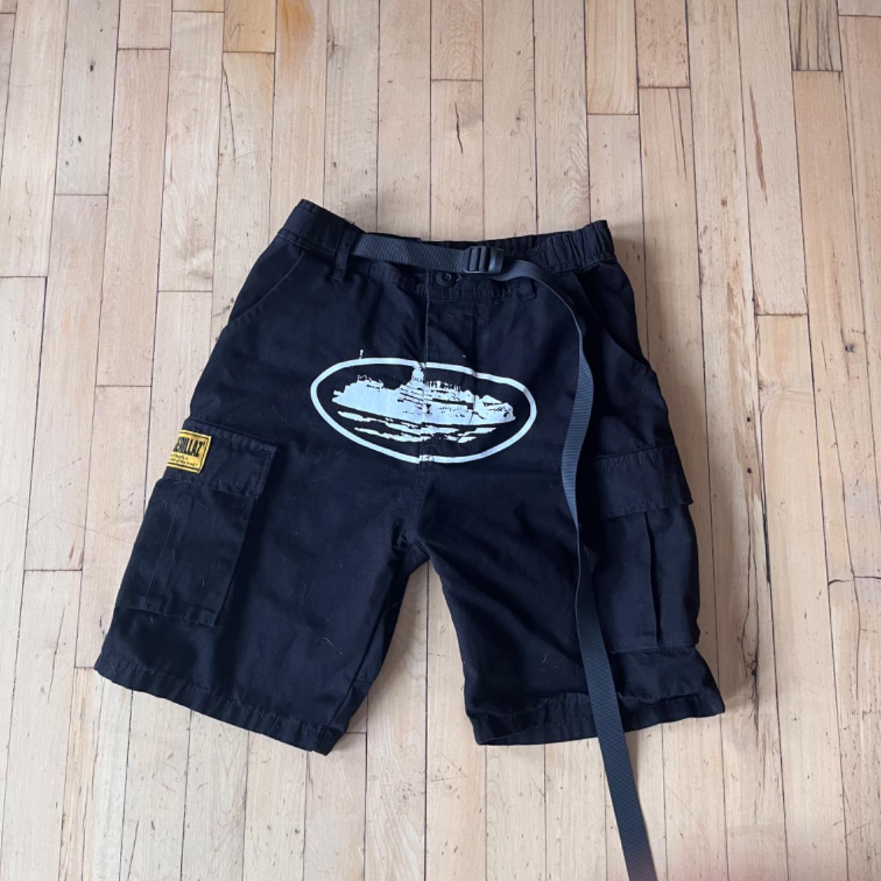 Corteiz CRTZ Black cargo shorts with yellow... - Depop