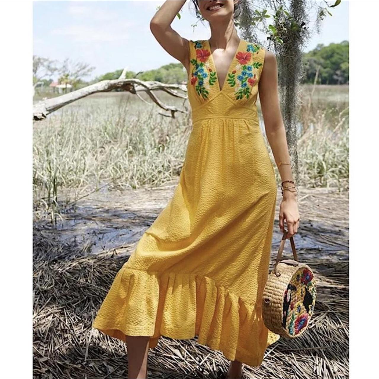 Anthropologie Marigold Midi selling Dress Floral Yellow V Neck Puff Sleeves Size L NWOT