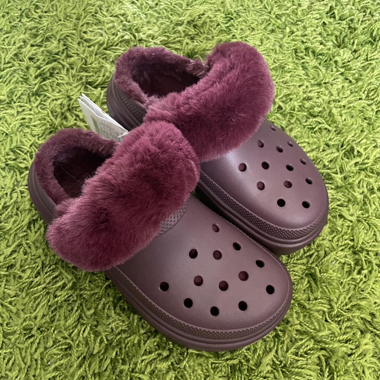 Fuzzy Maroon Platform Crocs Message me before. Depop