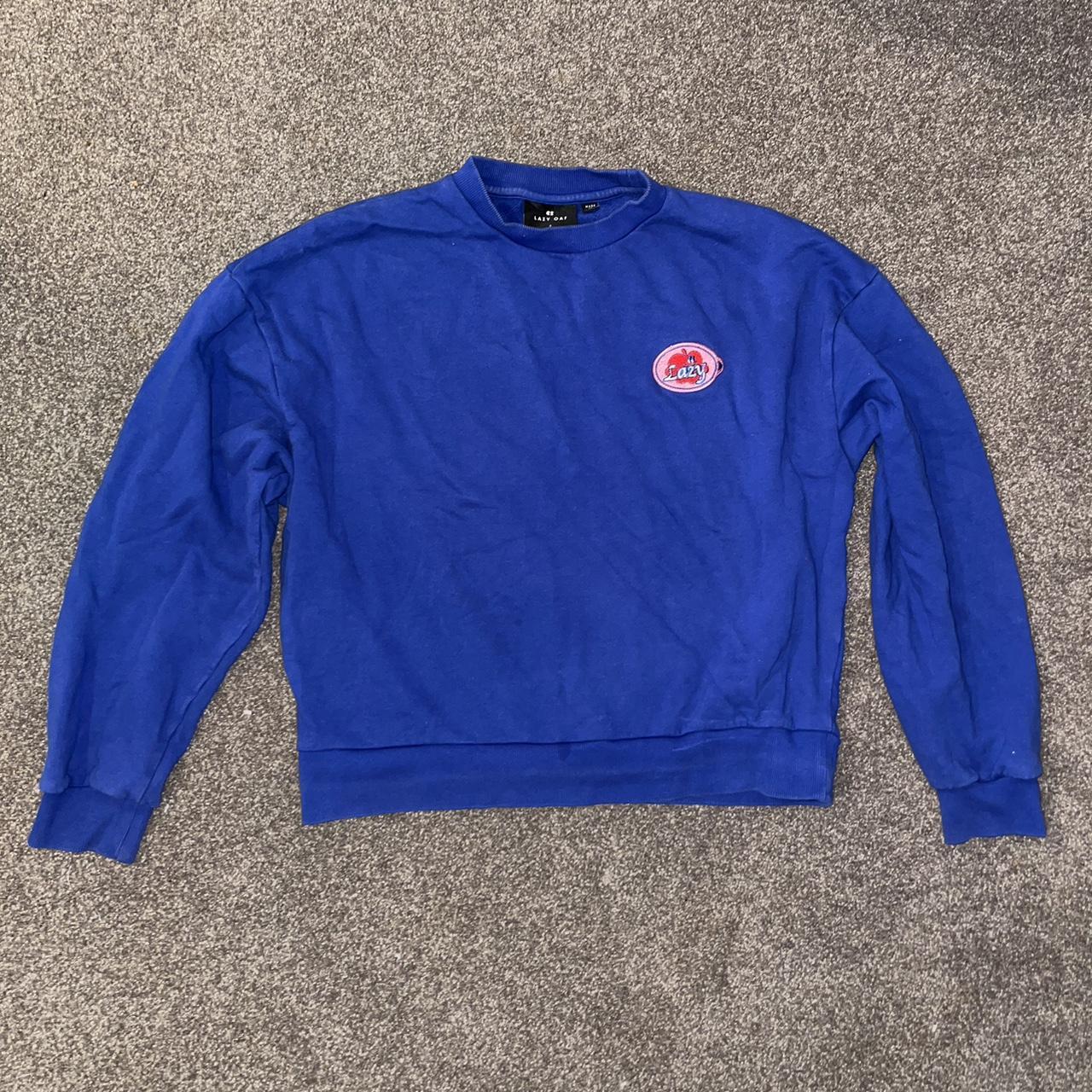 Lazy oaf Royal blue jumper with cute fruit sticker... - Depop