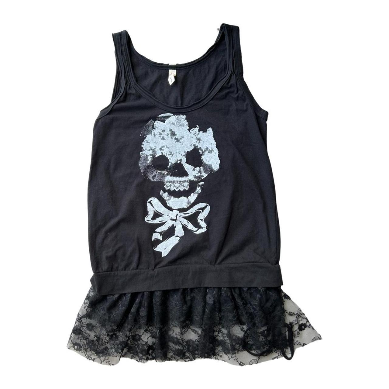 Y2K Mall Goth Skull Graphic Lace Tank Top... - Depop