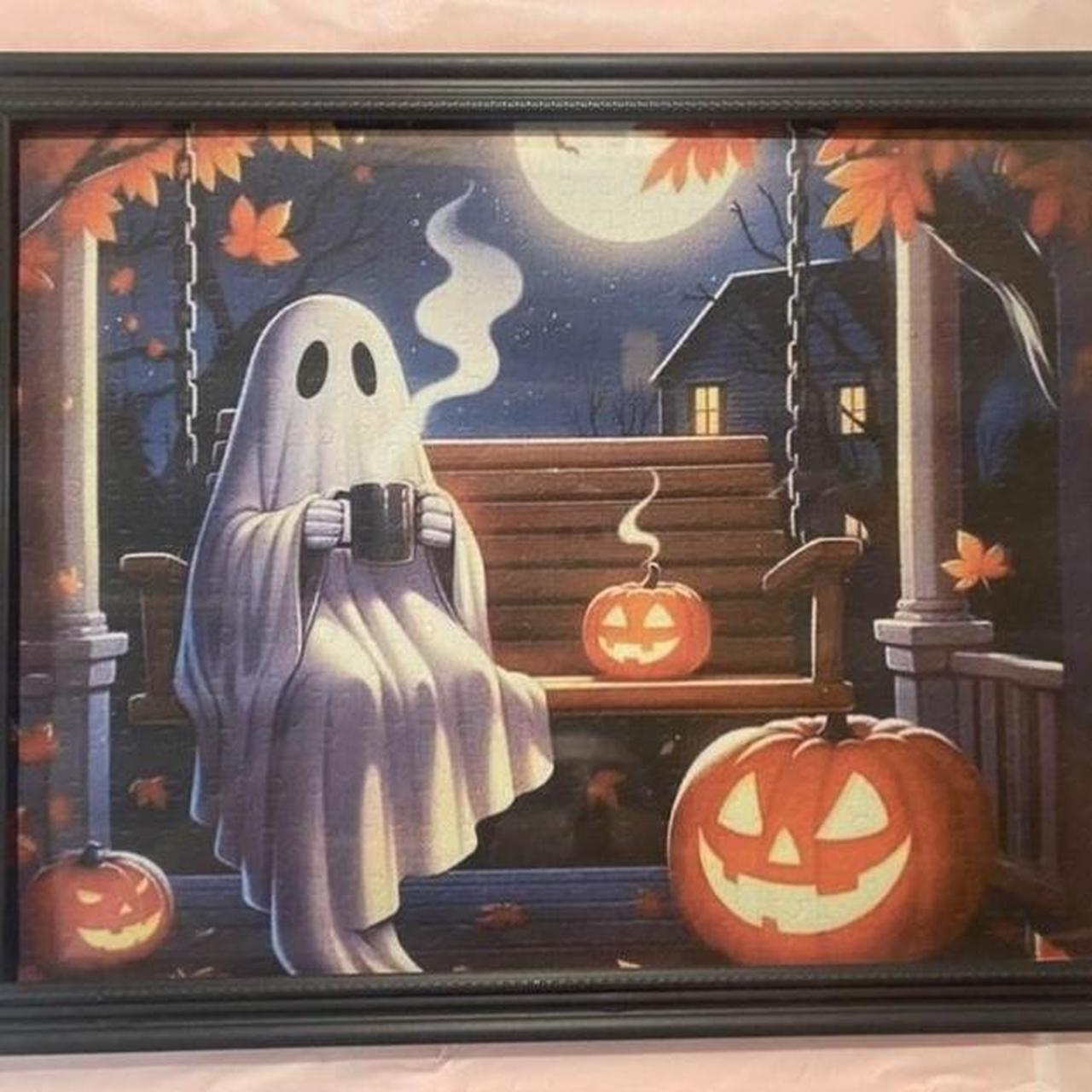 Halloween Ghost with Pumpkin painting, framed, 14x14 | Depop