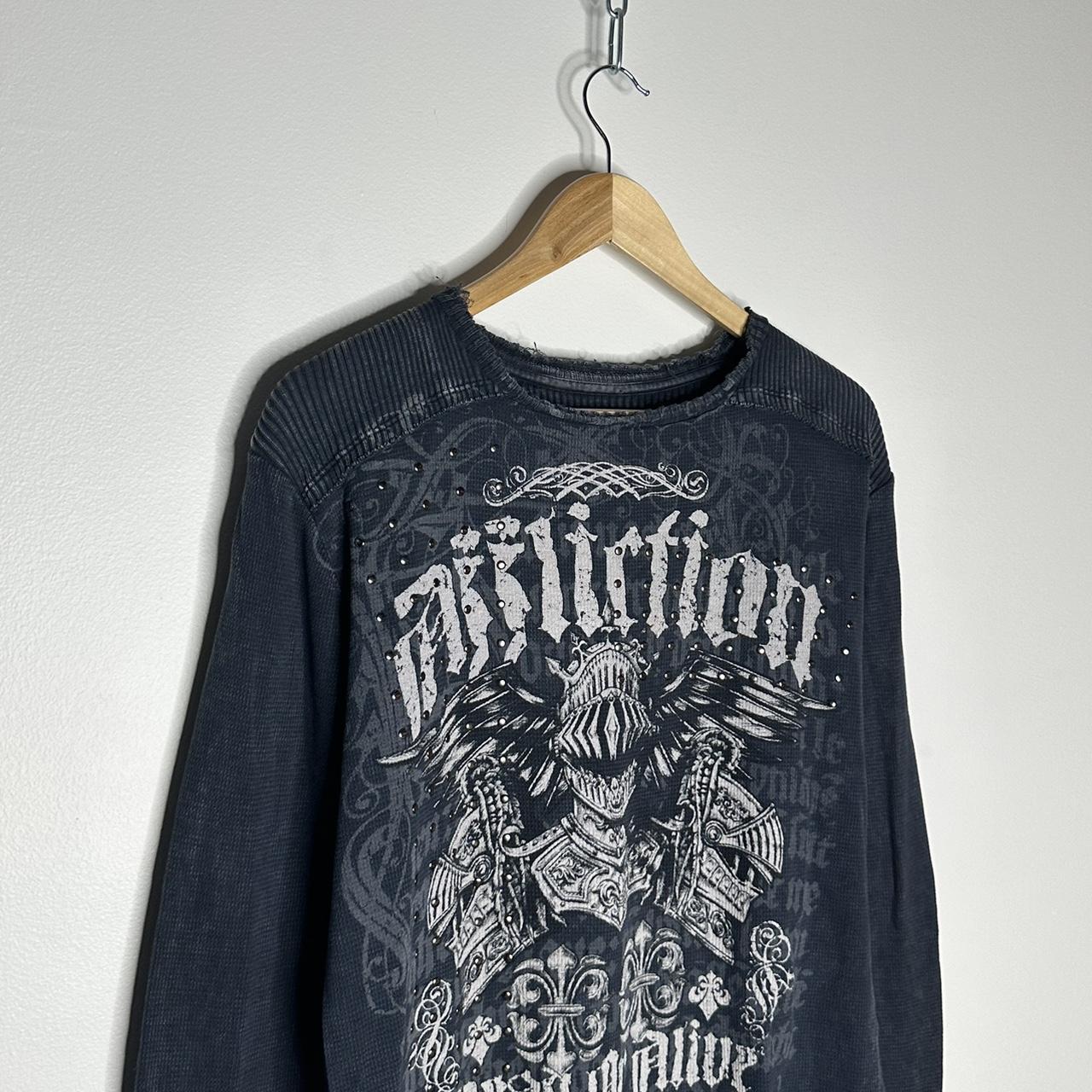 Early 2000’s Affliction Navy / Grey Graphic Gothic... - Depop