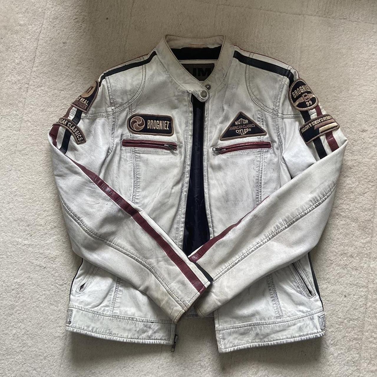 white distressed leather motorbike jacket from... - Depop