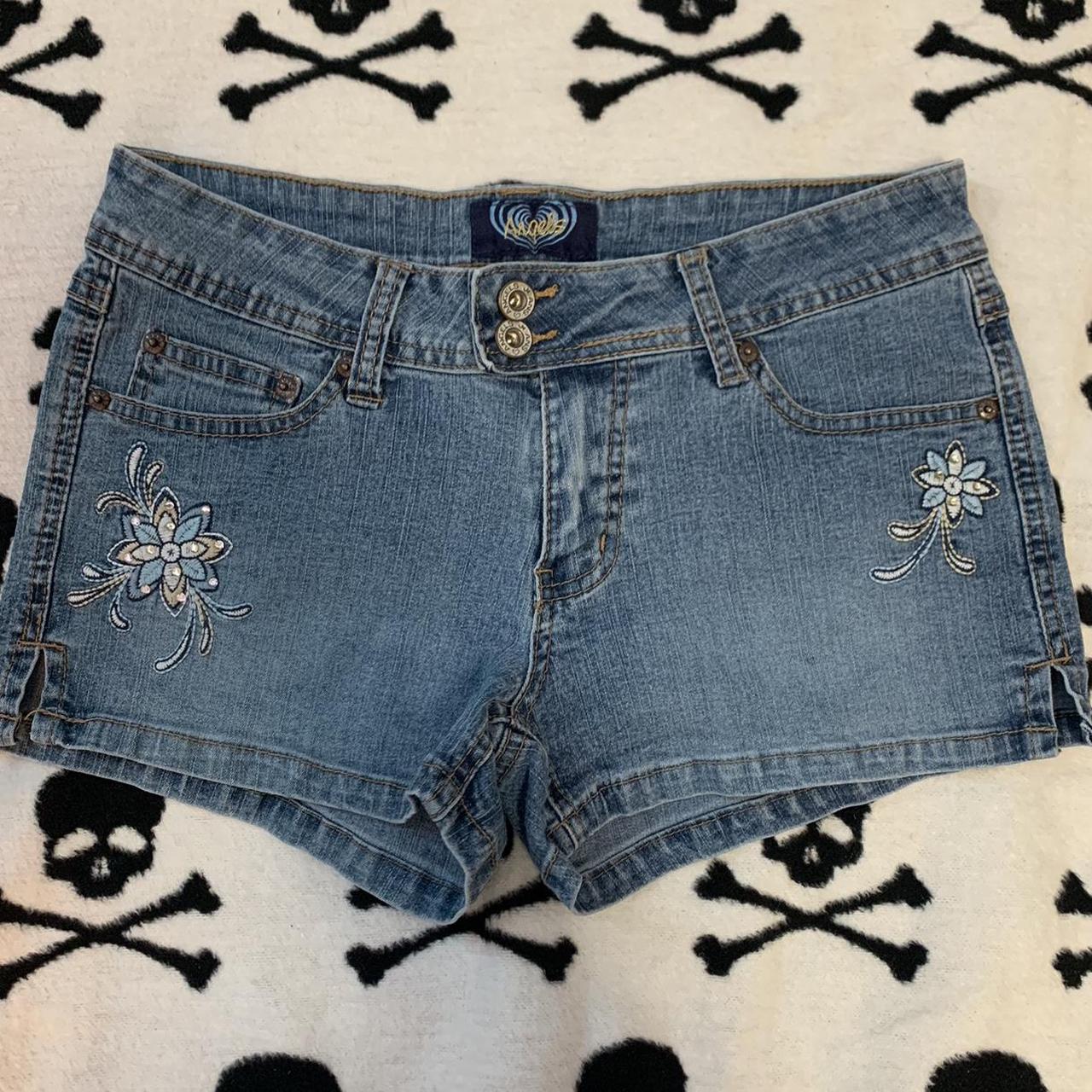 Y2K 2000s Angels Jeans Shorts with Flower... - Depop