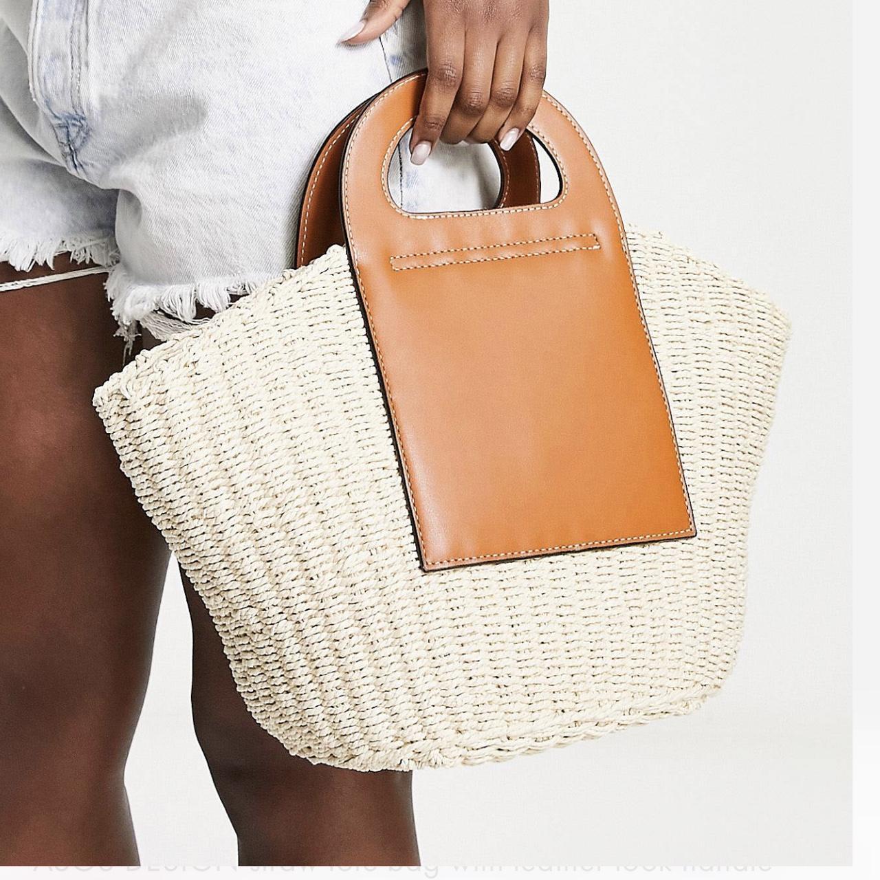 Asos design straw tote bag with leather look handle... Depop