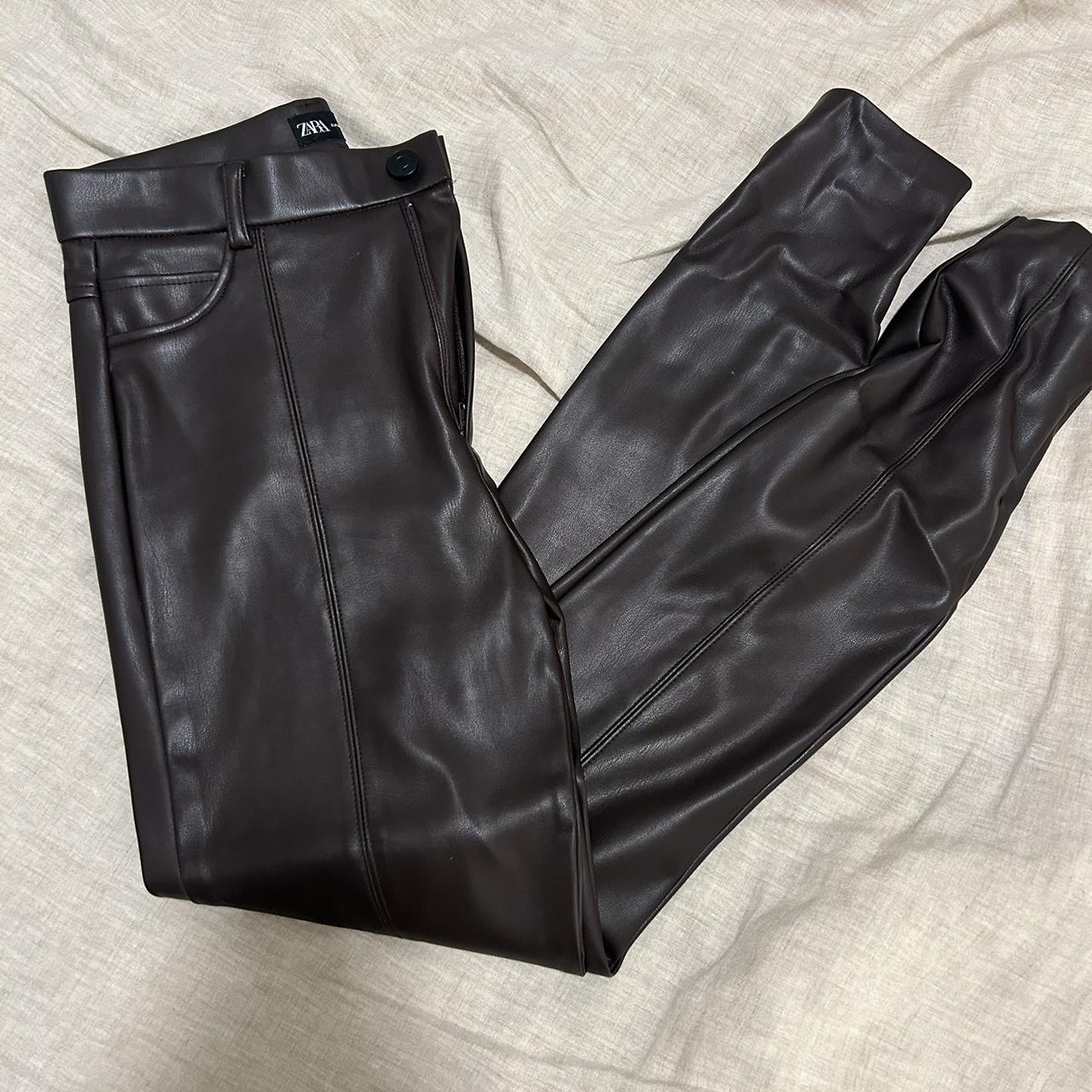 Brown zara-leather-pants - Depop