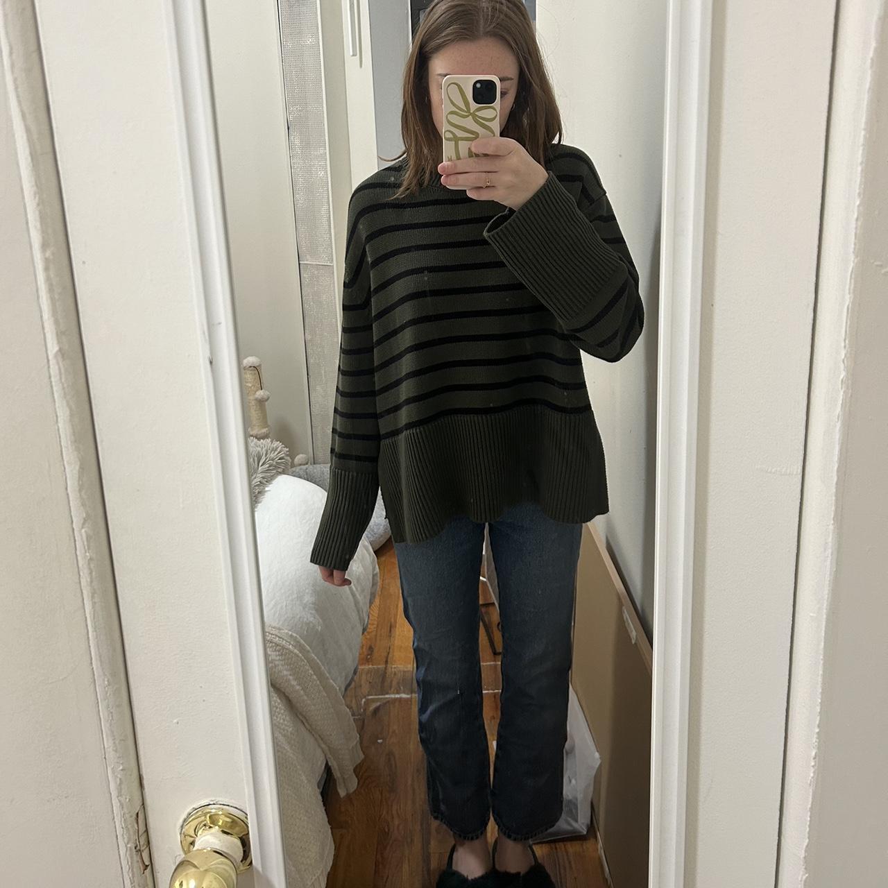 Split Hem Gap Green And Black Striped Sweater Gap 24/7 Split Hem