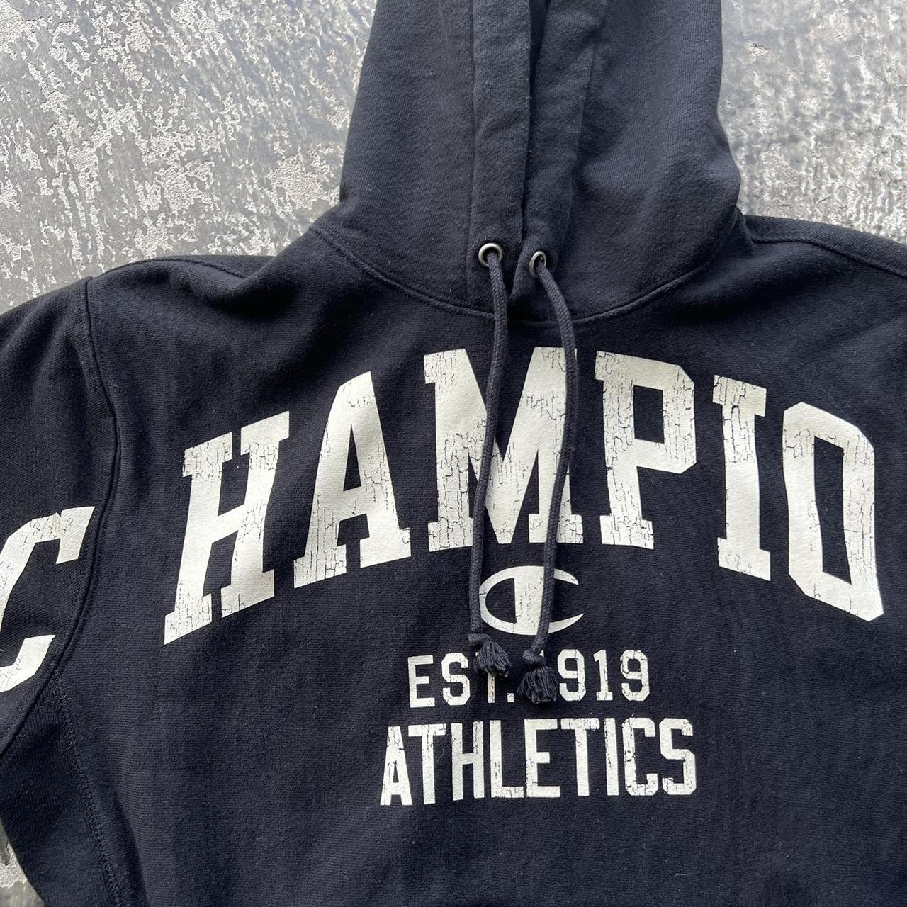 Champion Men's Black and Cream Hoodie Depop
