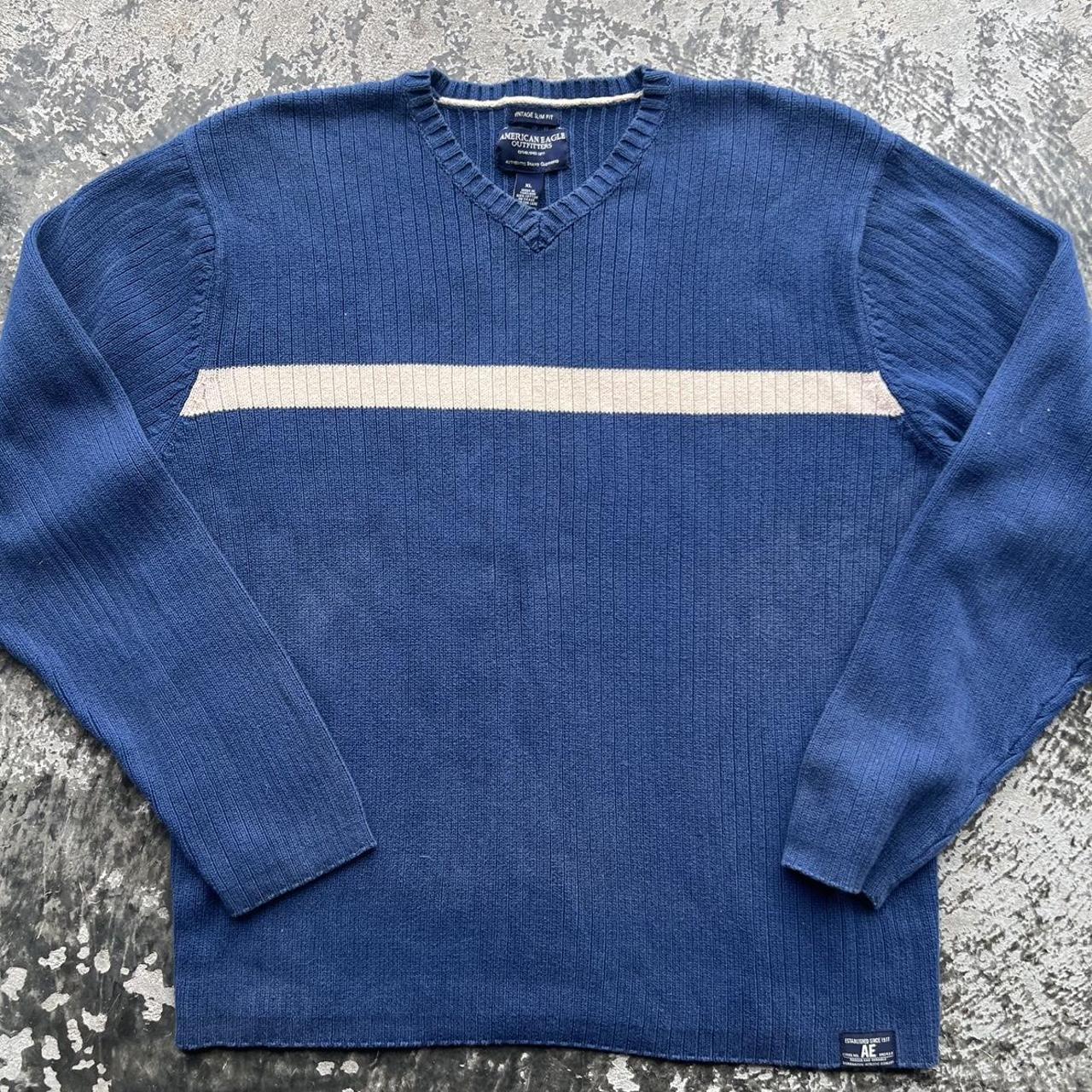 American Eagle Outfitters Mens Blue And Cream Jumper Depop