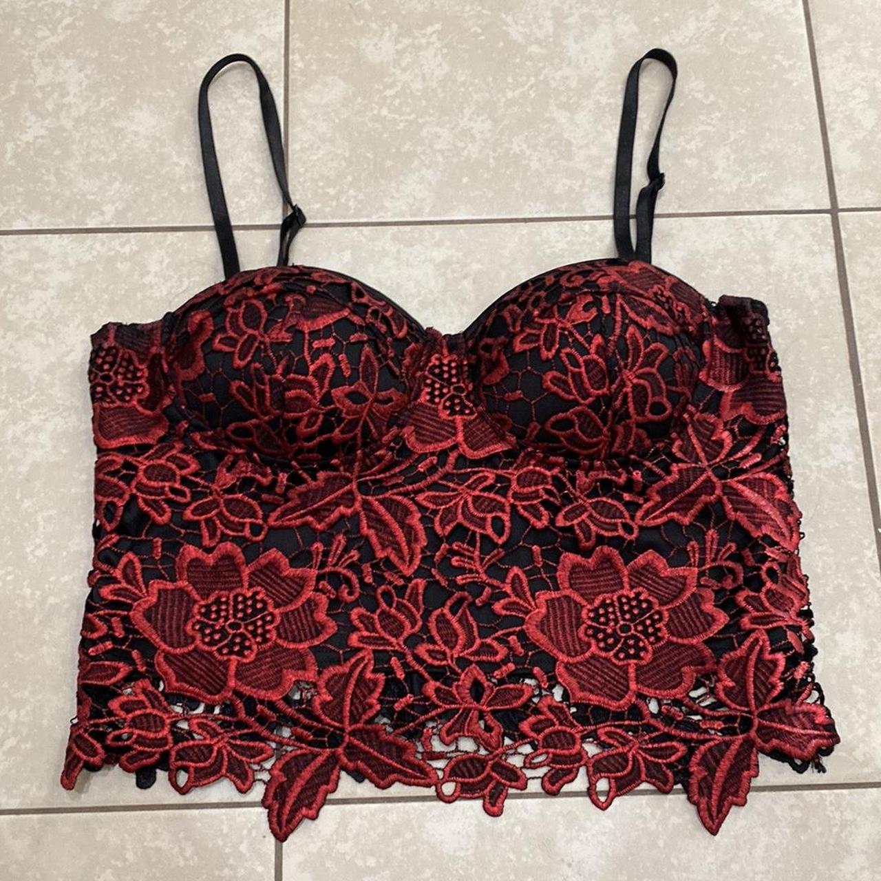 Say What? Lace Bustier Top! Red with black Black - Depop