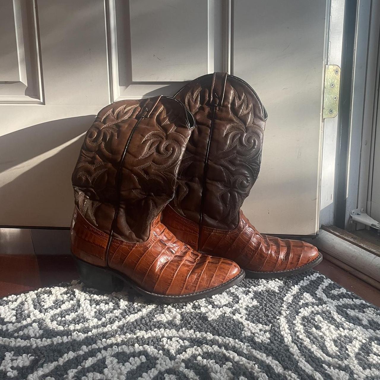 Brown and tan leather cowboy boots fake alligator Depop