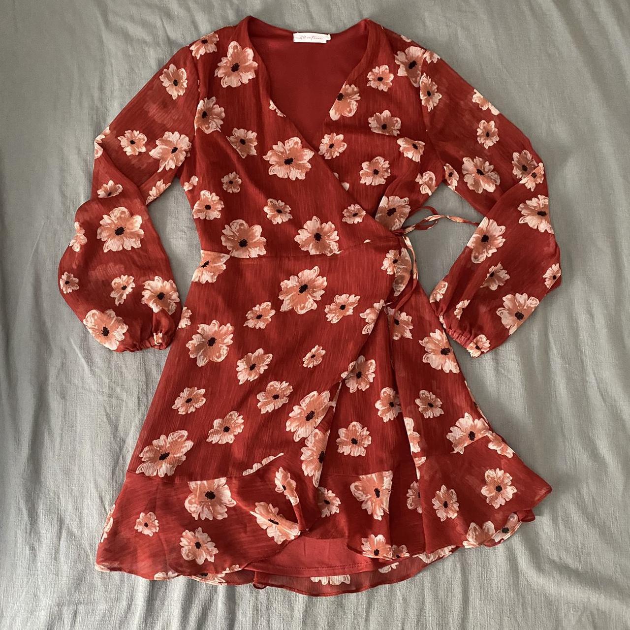 Honey Red Floral Long Sleeve Wrap Dress Size M,... - Depop