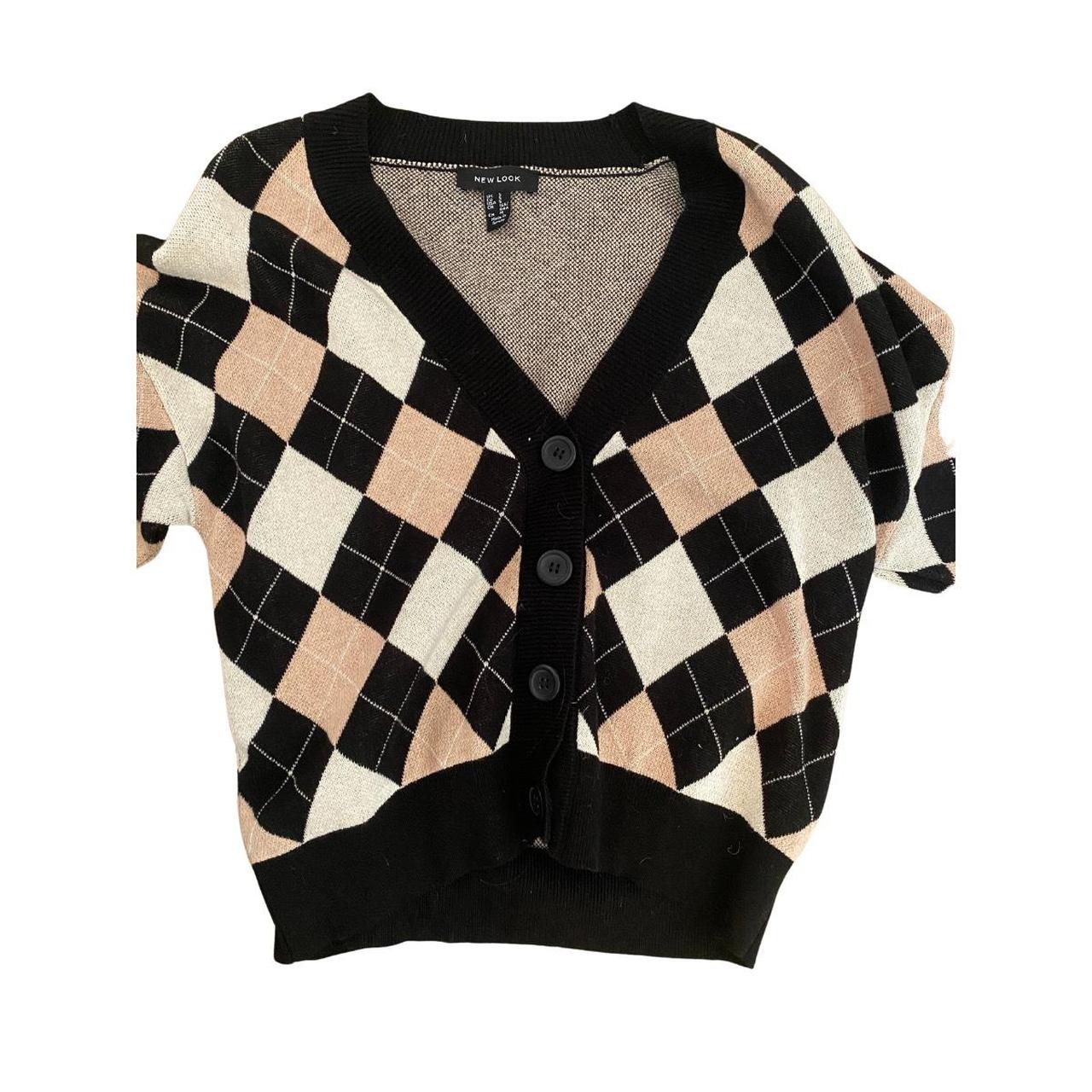 New Look Pink & Black Argyle Sweater Cardigan... Depop
