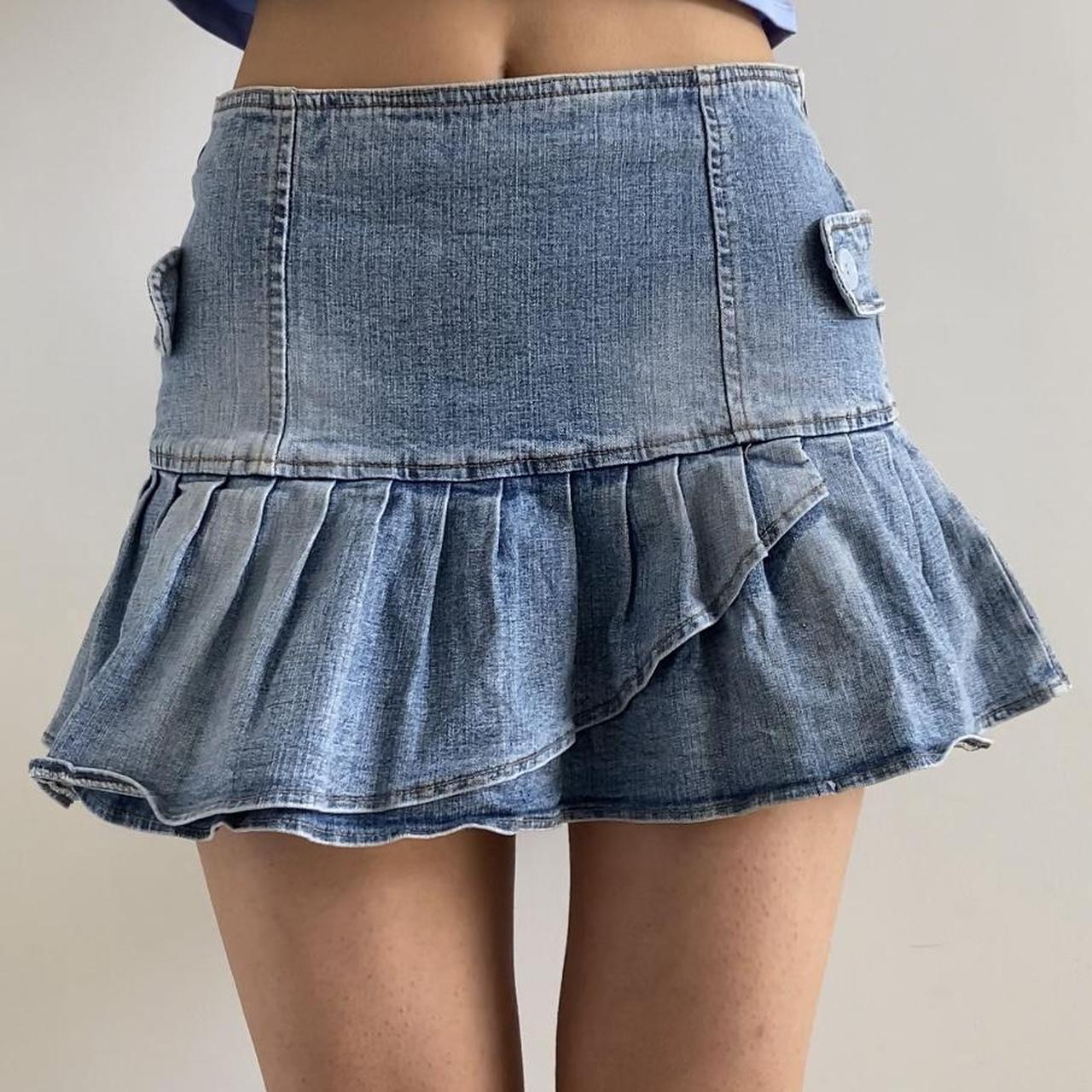 Y K Denim Mini Skirt S Pleated Light Wash Depop