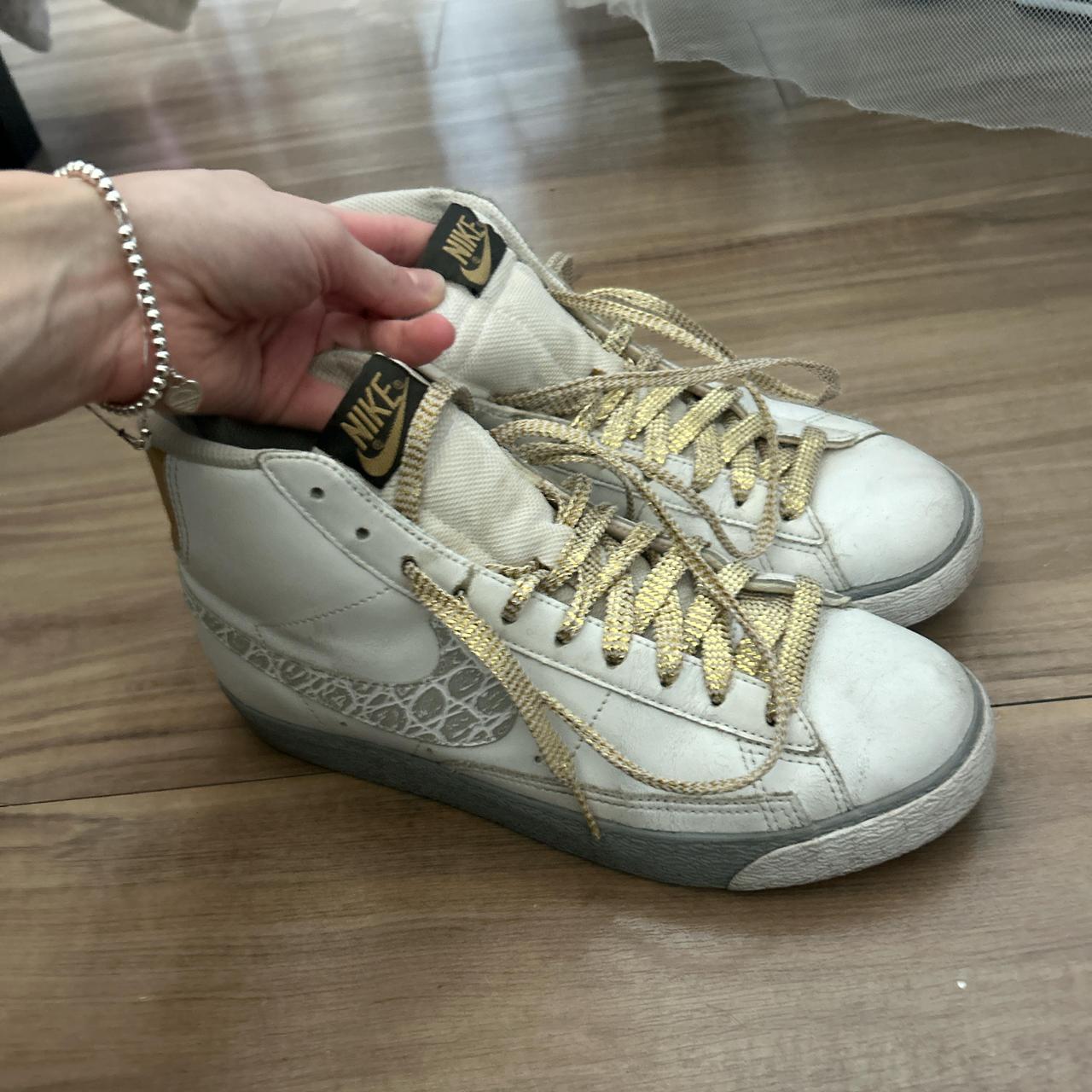 white and gold nike blazers