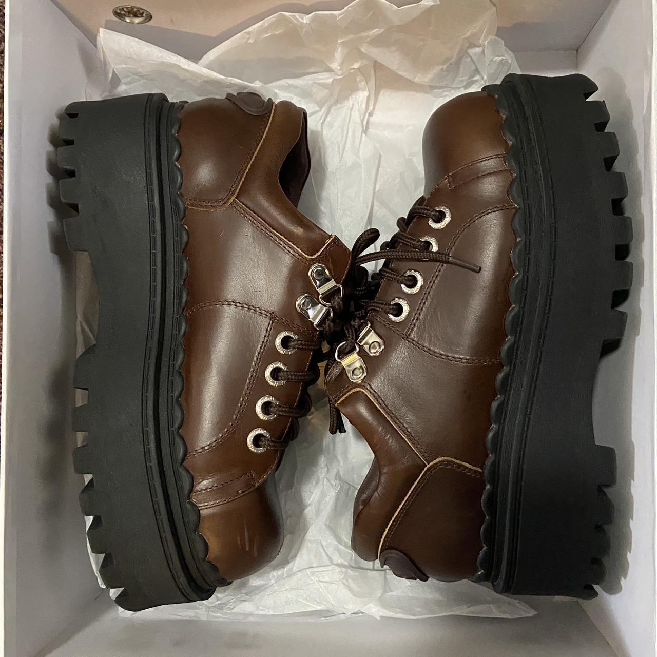 brown uniform seek shoe, leather chunky platforms,... - Depop