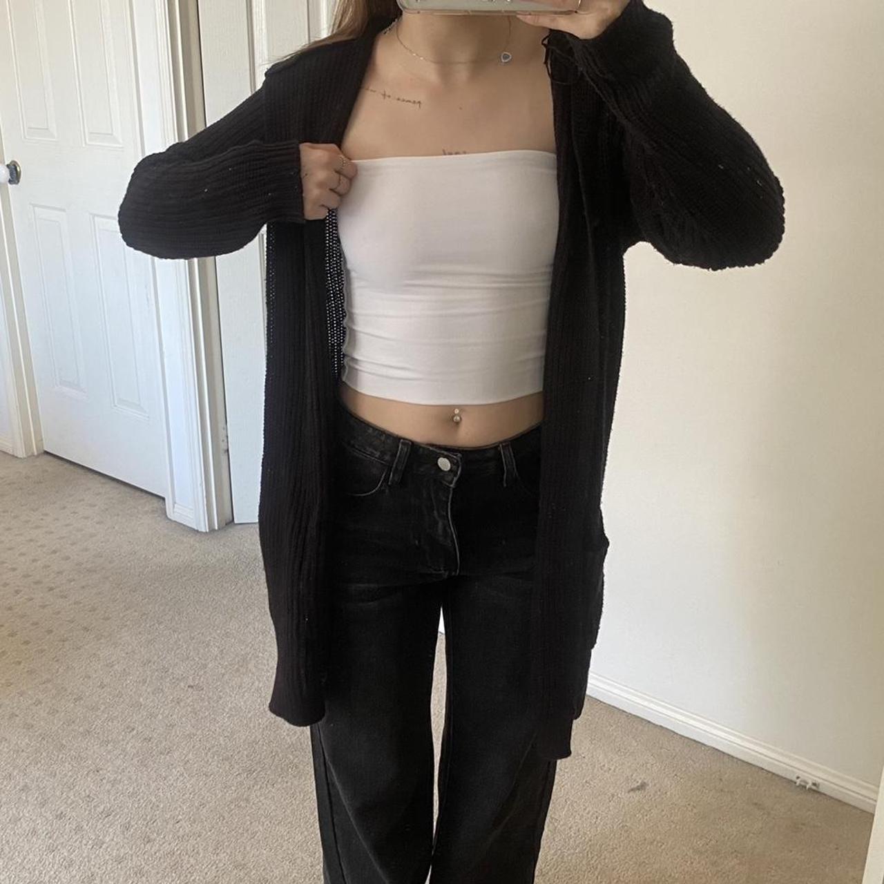 long black cardigan with hoodie and two pockets -... - Depop