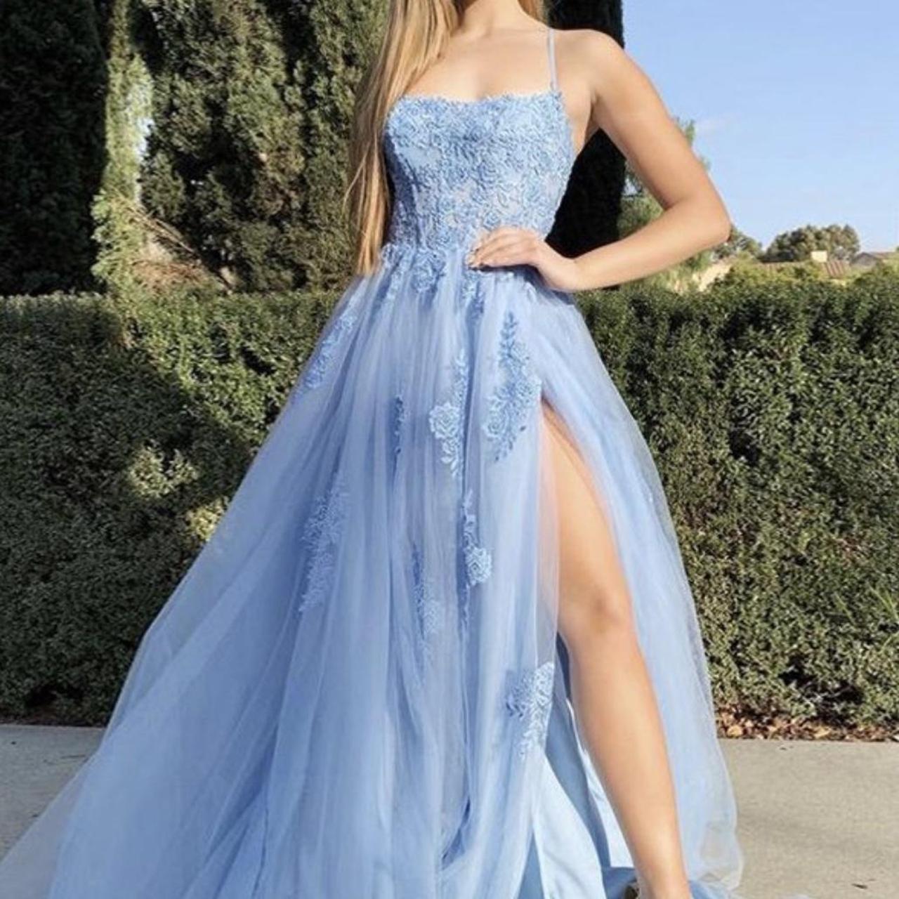 👗 Blue Prom/Ball dress with a corset bodice and high... - Depop
