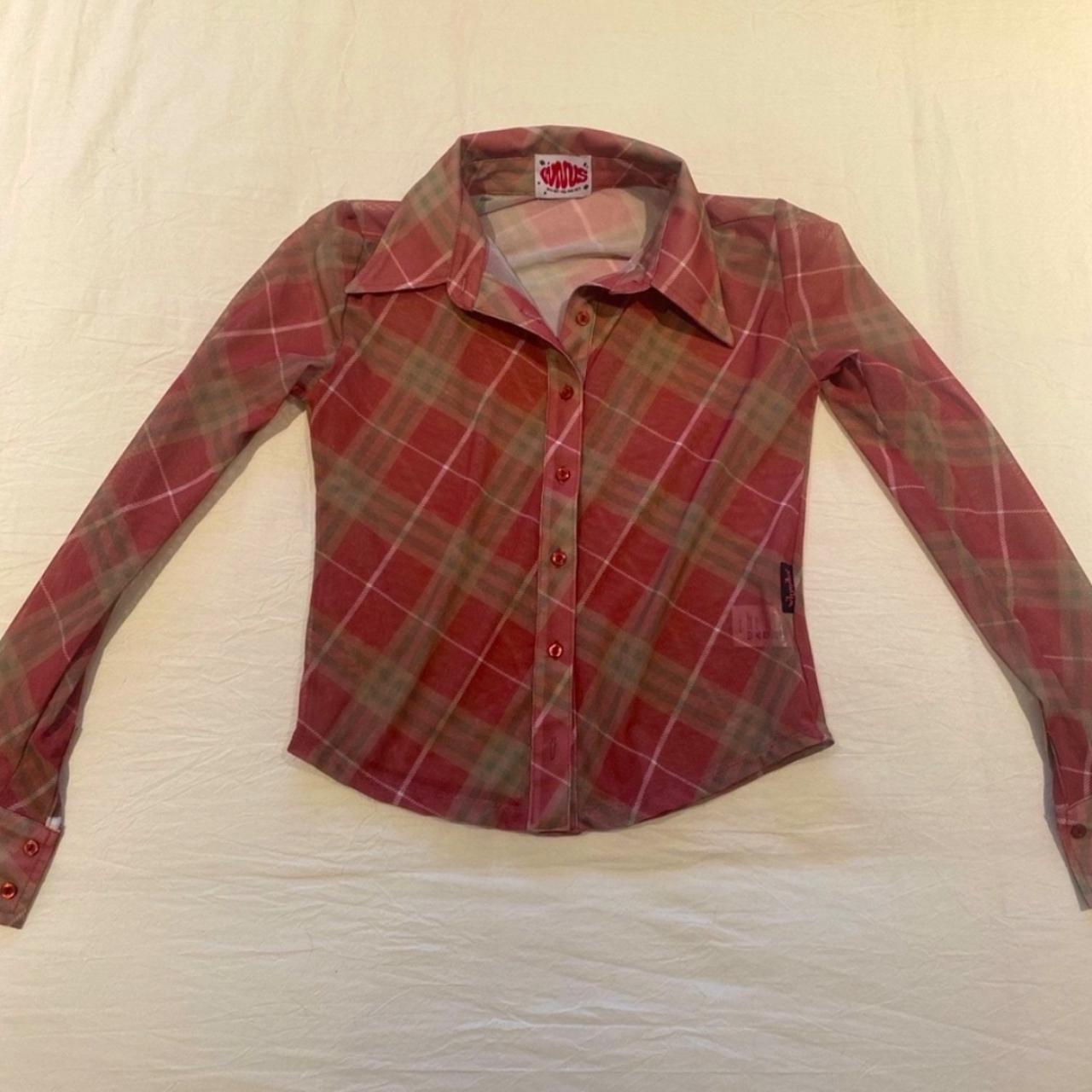 SOLD !! Whynotus Plaid Mesh Button Shirt pink... - Depop