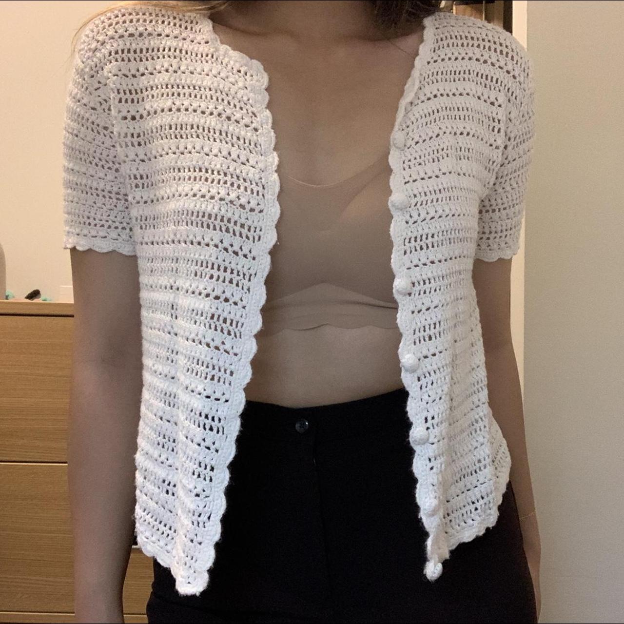 Vintage White Crochet Knit Cardigan Top Perfect... - Depop