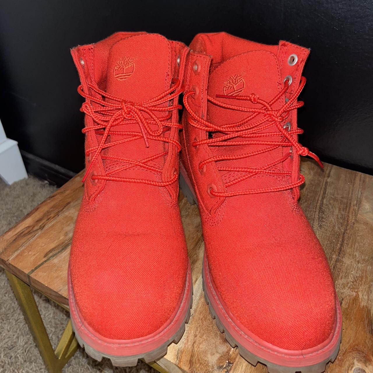 Red Timberland Boots size 7/7.5 #timberlands #boots... - Depop