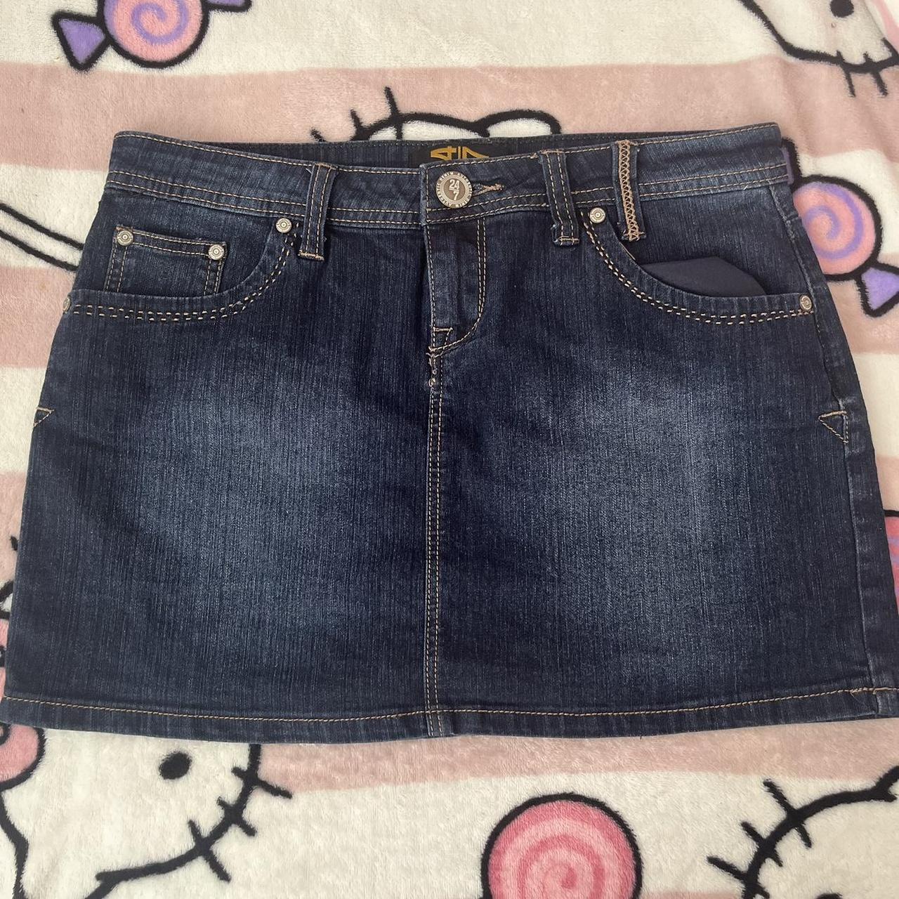 denim mini skirt Use to fit me lovely but doesn’t... - Depop