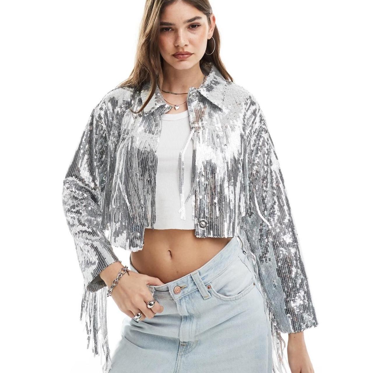 ASOS Design fringe sequin jacket in silver UK size. Depop