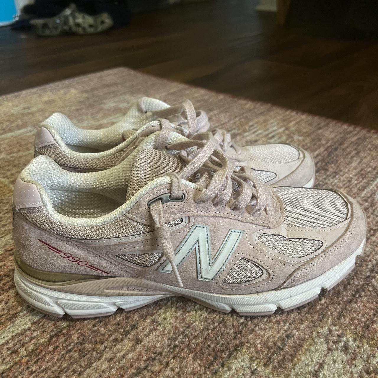 New Balance 990 V4 Pink and White Size 9 7.5/10 No... - Depop