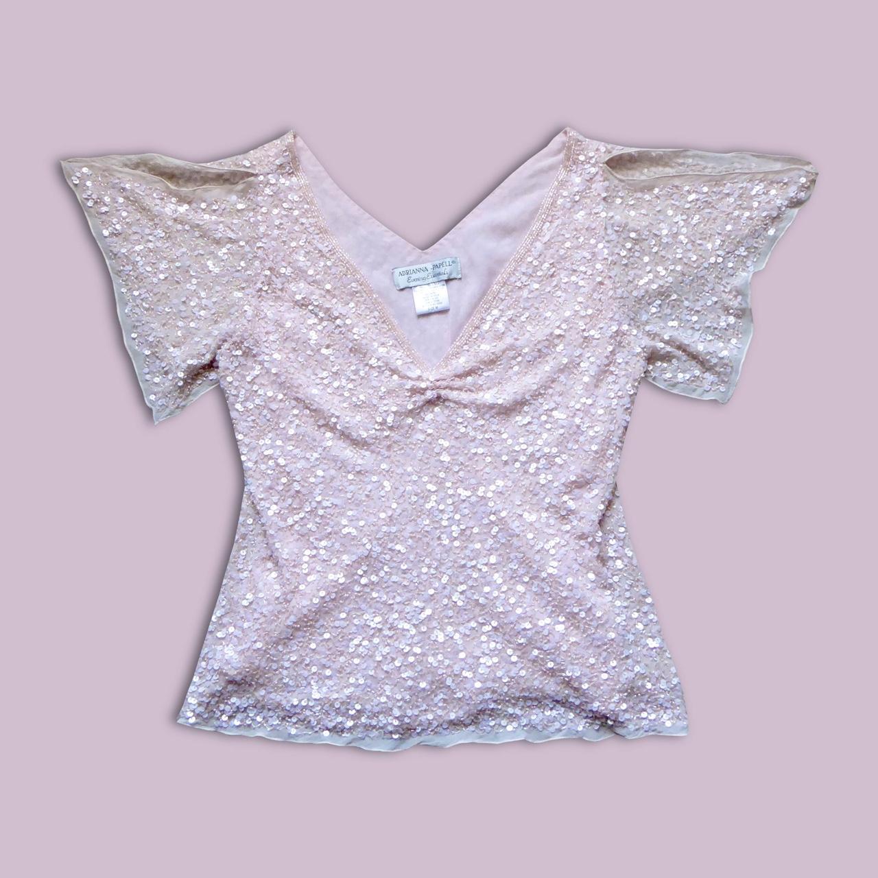 Adrianna Papell beaded pink v neck top with sequins Depop