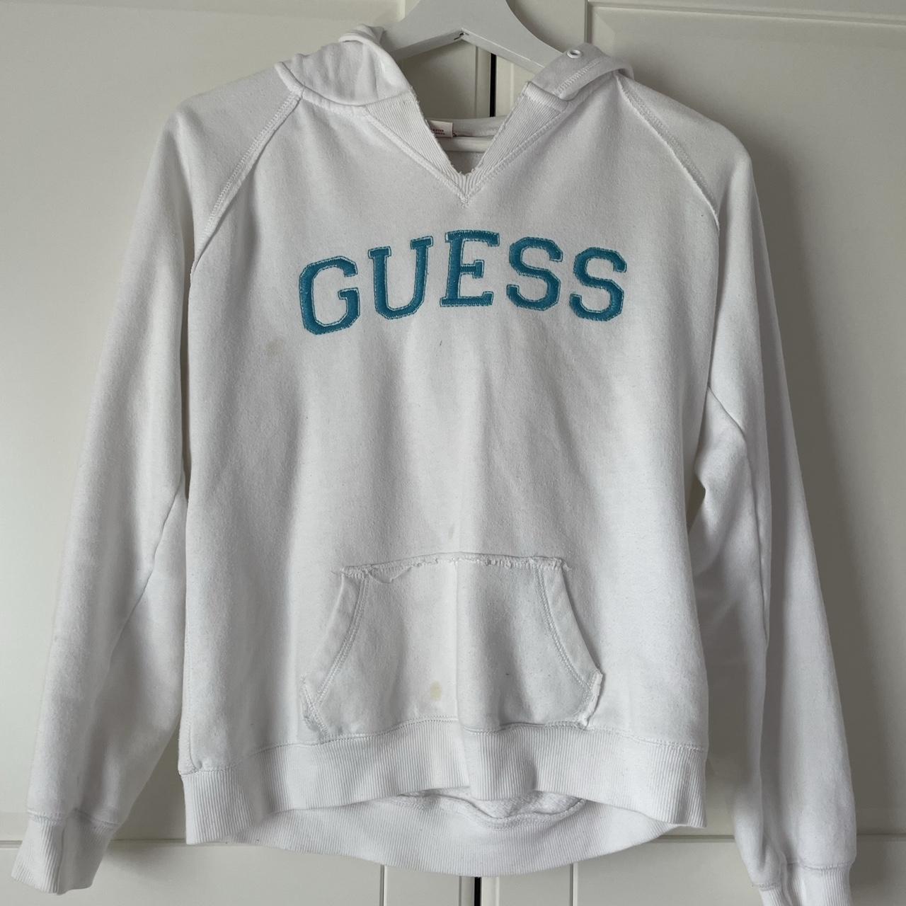 Vintage white guess hoodie Kids L fits woman size... - Depop