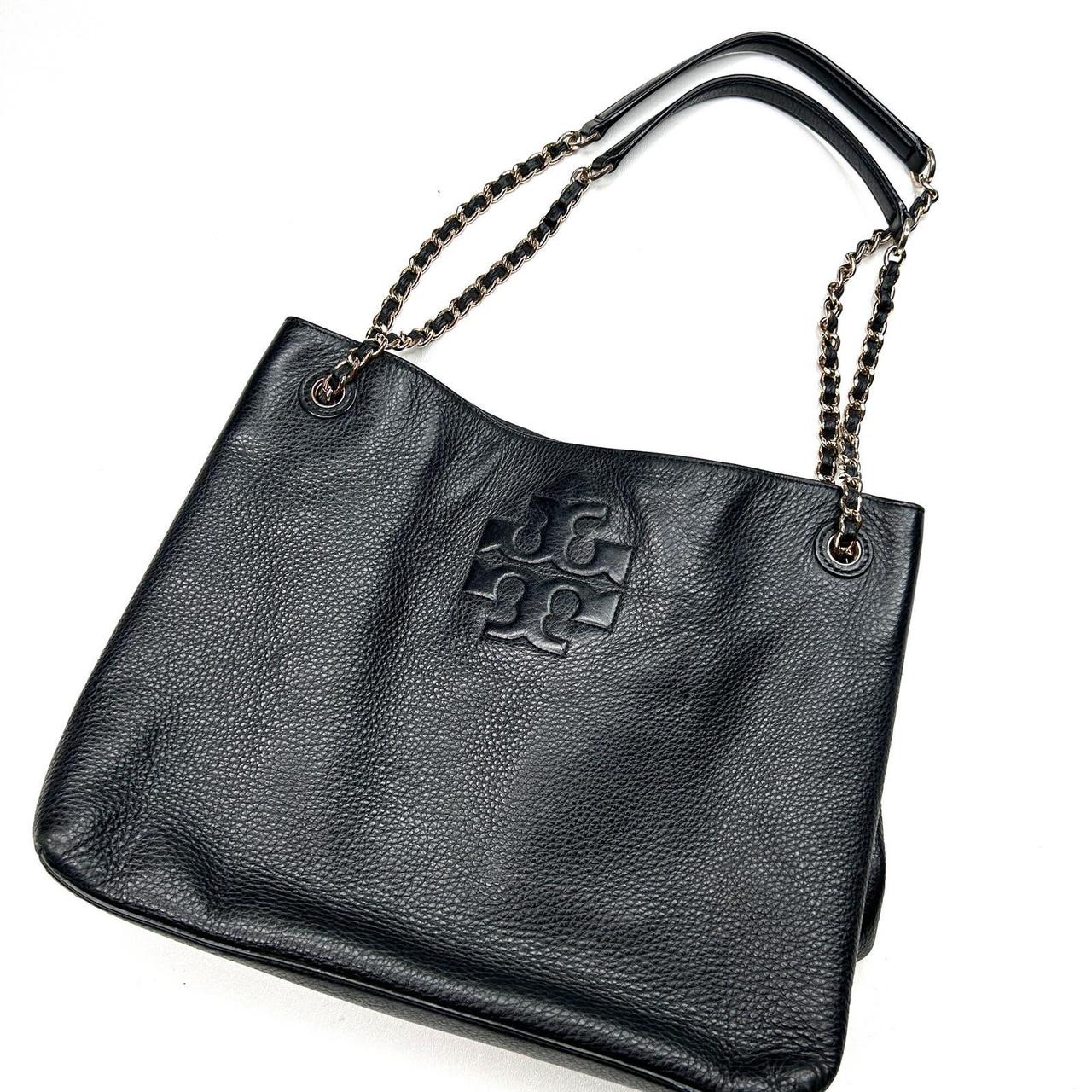 Tory Burch sale Handbag Pebbled Black Leather Tote with Gold Chains